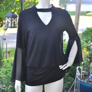 2/$10 Laurie Felt Size Small Black Blouse with Sheer Sleeves and choker neckli…